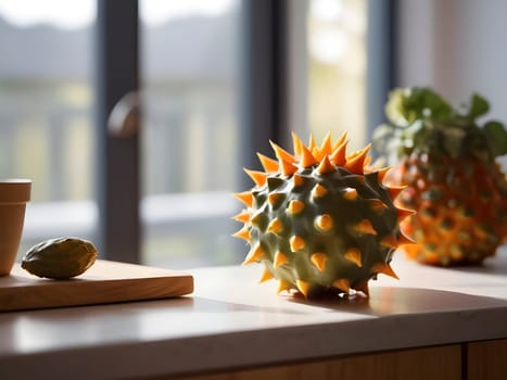 Kiwano Elegance: A Focal Point in a Sunlit Kitchen's Warm Ambiance.