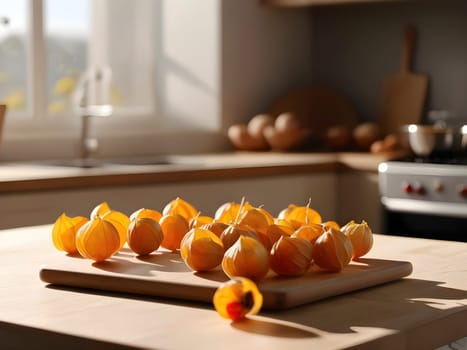 Kitchen Elegance: Afternoon Glow on a Wooden Cutting Board with Physalis.