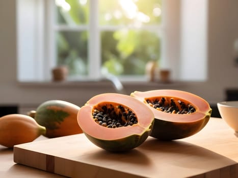 Tropical Tranquility: Afternoon Glow with Papaya on Wooden Cutting Board.