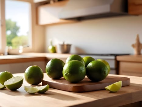 Kitchen Elegance: Limes on Wooden Surface Illuminated by Warm Afternoon Sun.