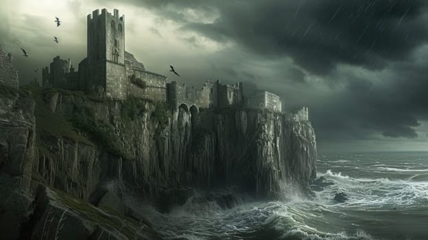 A historic medieval castle on a cliff, ocean waves crashing below, dramatic sky, knights and horses, period architecture. Resplendent.