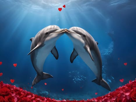 Romance in the Waves: Dolphins and Valentine Hearts in a Deep Blue Embrace.