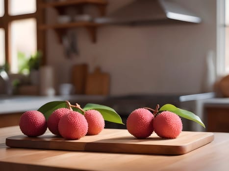 Lychee Elegance: A Sunlit Moment on a Wooden Cutting Board in the Kitchen.