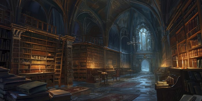 An ancient library with towering bookshelves, hidden alcoves, and magical glowing manuscripts. Resplendent.