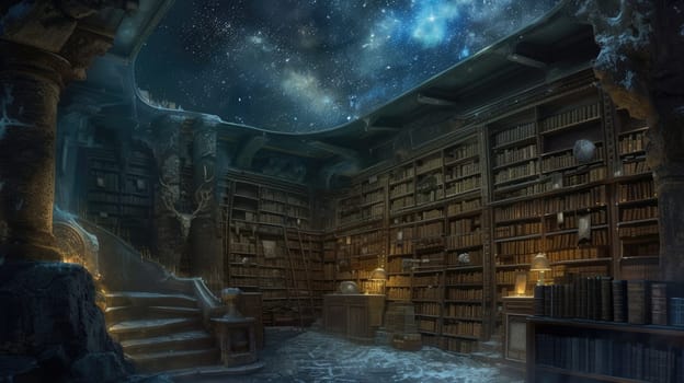 An ancient library filled with magical books, glowing orbs, and mystical artifacts. Shelves reach up to a high, vaulted ceiling, with soft light filtering through stained glass windows. Resplendent.