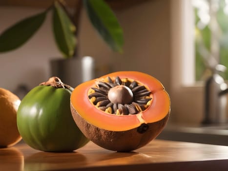 Warm Welcome: Sapote Fruit Takes Center Stage in a Sunlit Kitchen Setting.