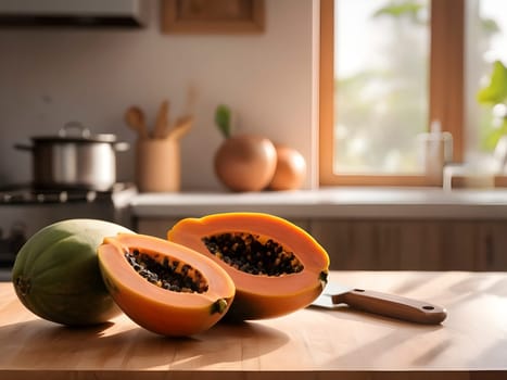 Kitchen Elegance: Papaya Bathed in Afternoon Light on a Rustic Cutting Board.