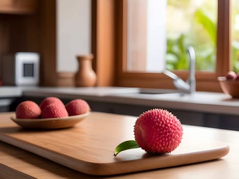Afternoon Glow: Lychee Delight on a Wooden Board with a Kitchen Ambiance.