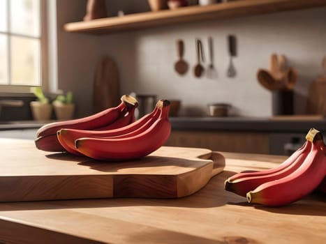 Savoring Sunset: Red Bananas on a Wooden Board in Warm Kitchen Light.