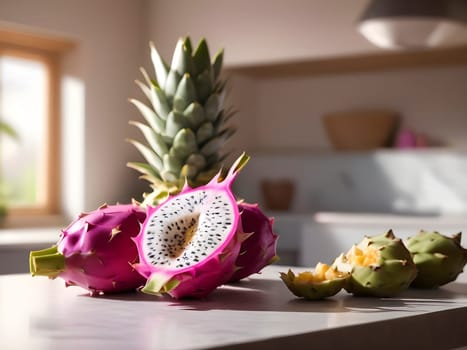 Kitchen Elegance: Afternoon Light Embraces the Vibrancy of Pitaya in Focus.