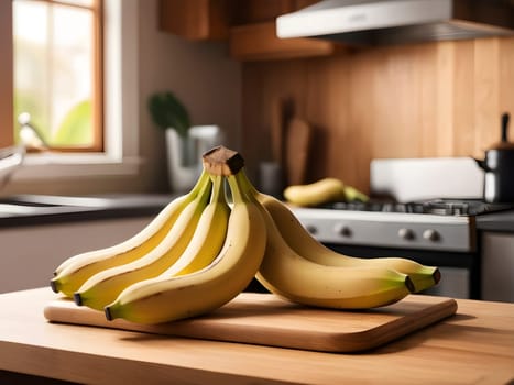 Kitchen Delight: Bananas Bathed in Afternoon Glow on Wood.