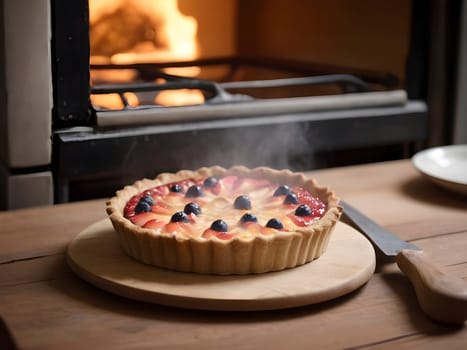 Homemade Goodness: Artisan Tart Cooling on a Wooden Surface with Oven Backdrop.