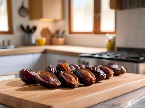 Golden Hour Indulgence: Dates on a Wooden Cutting Board with Soft Kitchen Ambiance.