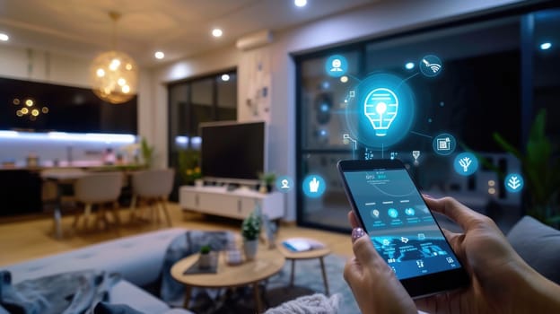 Hands hold a device with a smart home control interface, symbolizing the seamless connection between technology and home automation. AIG41