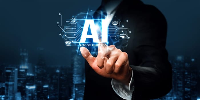 Human interact with AI artificial intelligence brain processor in concept of AI artificial intelligence engineering, big data and AI machine learning to use generative AI for business support. NLP.