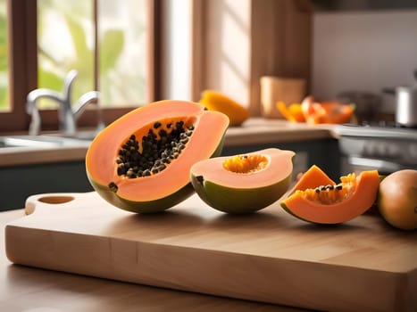 Golden Hour Delight: Papaya on Wooden Board in a Sunlit Kitchen Setting.