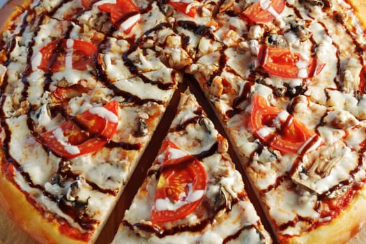 Gourmet Tomato and Mushroom Pizza Delight on Wooden Board