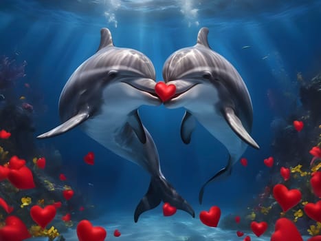 Whimsical Affection: Dolphins Delivering Valentine Joy in a Deep Blue Oasis.