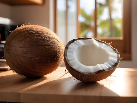 Tropical Ambiance: A Coconut on Wooden Surface with Soft Kitchen Background.