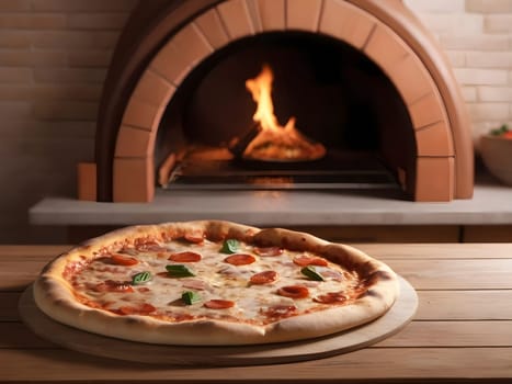 Pizza Pleasure: A Tempting Display on a Wooden Table with Oven Backdrop.