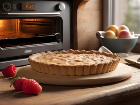 Baked Bliss: A Freshly Baked Tart Delight on a Rustic Wooden Table.