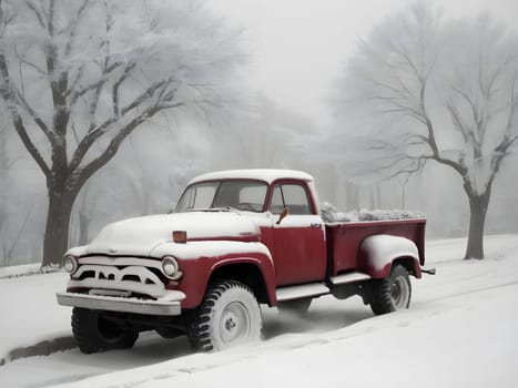 Snow-Covered Journey: A Vehicle Standing Out in the Winter Landscape.
