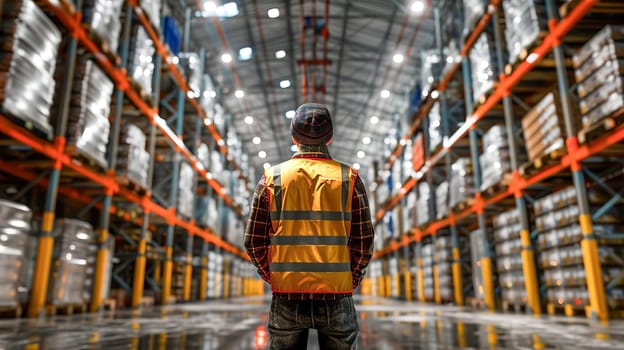 A warehouse worker in a yellow special vest in a room with high shelving. AI generated.