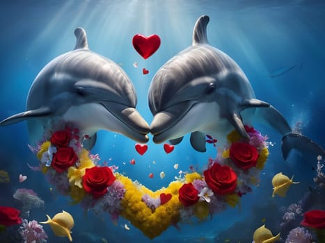 Oceanic Love Story: Enchanting Dolphins and Valentine Hearts Underwater.