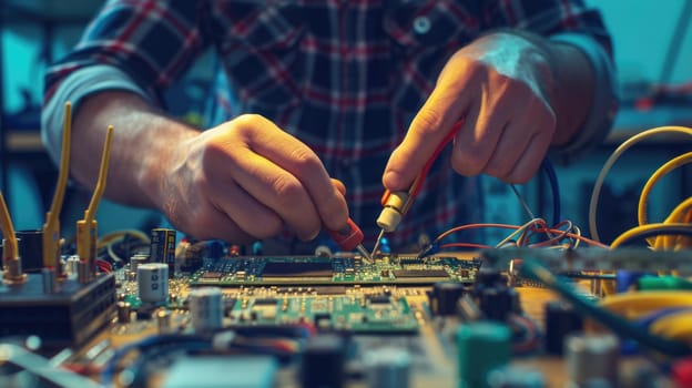 A person is using a soldering iron to work on a motherboard, demonstrating their expertise in engineering and hand-eye coordination. AIG41