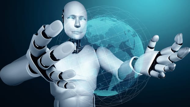 XAI 3d illustration AI hominoid robot holding hologram screen shows concept of global communication network using artificial intelligence thinking by machine learning process. 3D rendering computer graphic.