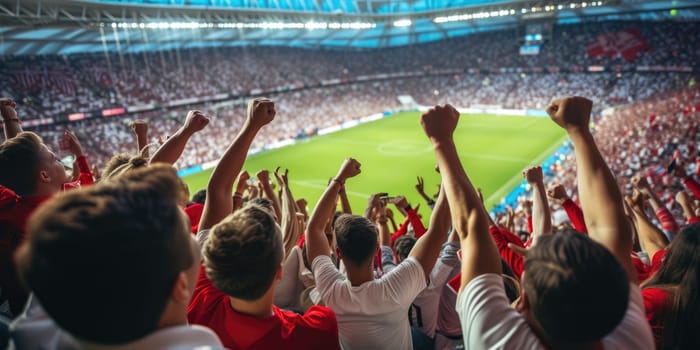 A crowd of fans gathered in the stadium, enjoying the soccer game with excitement and gestures of support. AIG41