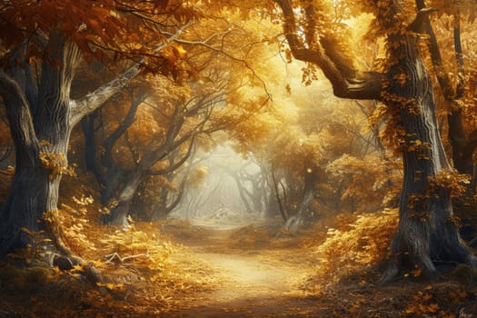 An enchanted forest in autumn, filled with golden leaves in autumn. Resplendent.