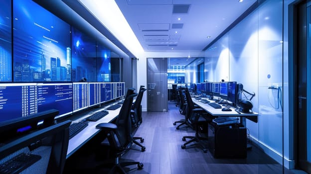 In an office building, a row of computer monitors sits on a desk, creating a symmetrical display. The electric blue glow reflects on the glass surfaces. AIG41