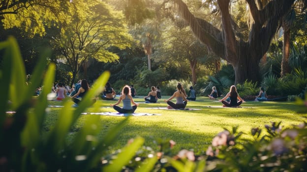 A serene outdoor yoga class in progress, with individuals practicing poses on mats in a lush garden during golden hour. AIG41