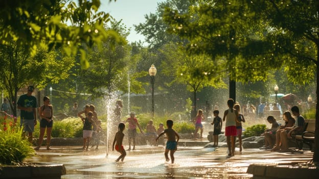 Kids frolic in a park fountain, reveling in the joy of water amidst the natural landscape filled with trees, grass, and terrestrial plants. A delightful leisurely event! AIG41