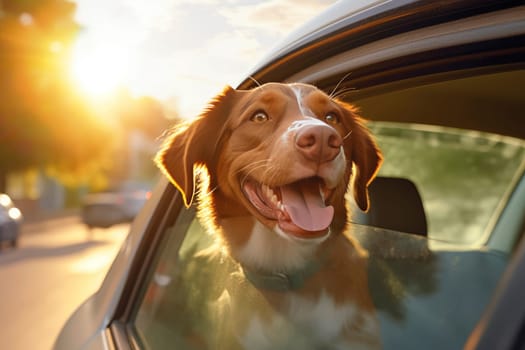 Dog enjoying car ride with head out of window during sunset. Pet travel and adventure concept. Joyful canine expression with copy space for design and prin