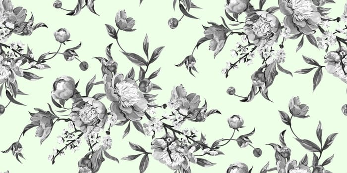 Seamless realistic pattern drawn with pink peonies in a classic oriental style