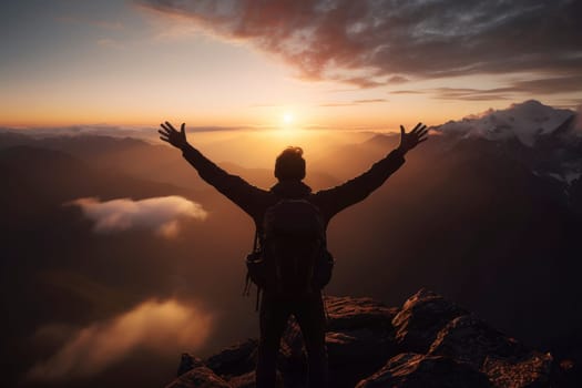 Hiker Celebrating at Mountain Summit at Sunset.