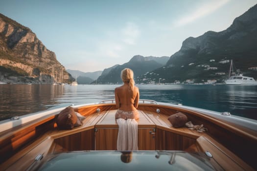 Back view of a woman enjoying a picturesque lake view from a boat at sunset, reflecting tranquility.