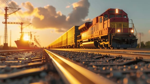 A vibrant sunset backdrop with a red freight train moving along railroad tracks.