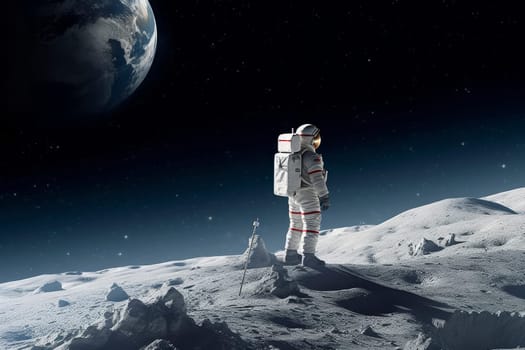 Astronaut standing on the moon with Earth in the background. Space exploration and astronomy concept. Suitable for poster, educational materials, and science communication. Aerial view composition