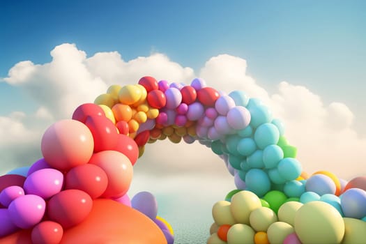 Rainbow with clouds balls. Party shape. Generate Ai