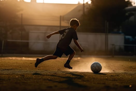 Boy play football soccer at sunset. Young player. Fictional person. Generate Ai