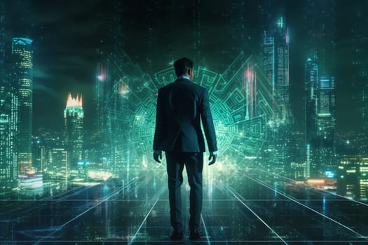 Businessman walking futuristic city. Digital smart modern. Generate Ai