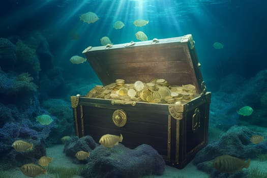 Chest with gold coins. Sea ocean gold. Generate Ai