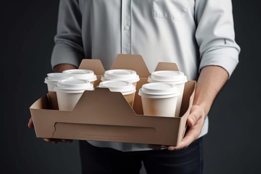 Coffee delivery man. Business hand service. Generate Ai