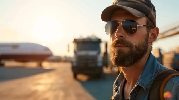 Man gazes at sunset near airplane, reflecting travel and anticipation