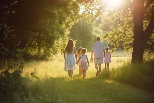 Family in park walking. Summer nature. Fictional person. Generate Ai