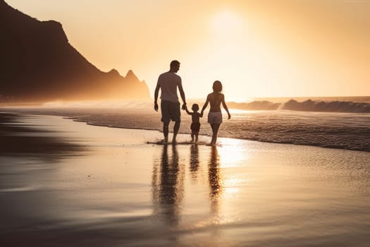 Family walk at sunset beach. Vacation parent. Fictional person. Generate Ai