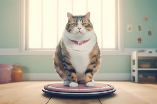 Fat cat standing on scales. Medicine animal. Generate Ai